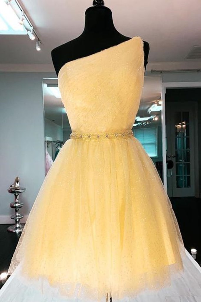 Shiny One Shoulder Yellow Short Prom Homecoming Dress with Belt, Short One Shoulder Yellow Formal Evening Dress,DS1037