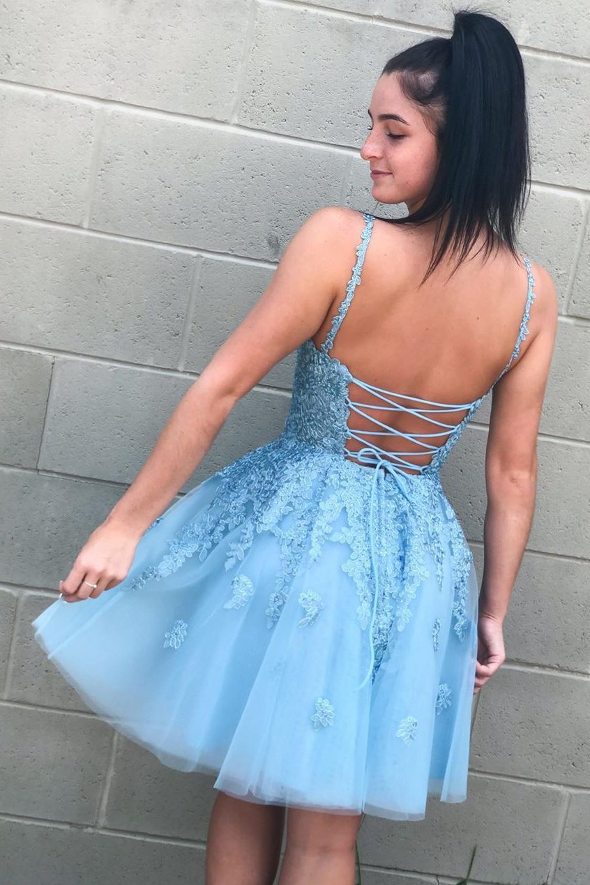 Lace-Up Sky Blue Short Homecoming Dress with Lace Appliques ,DS0847