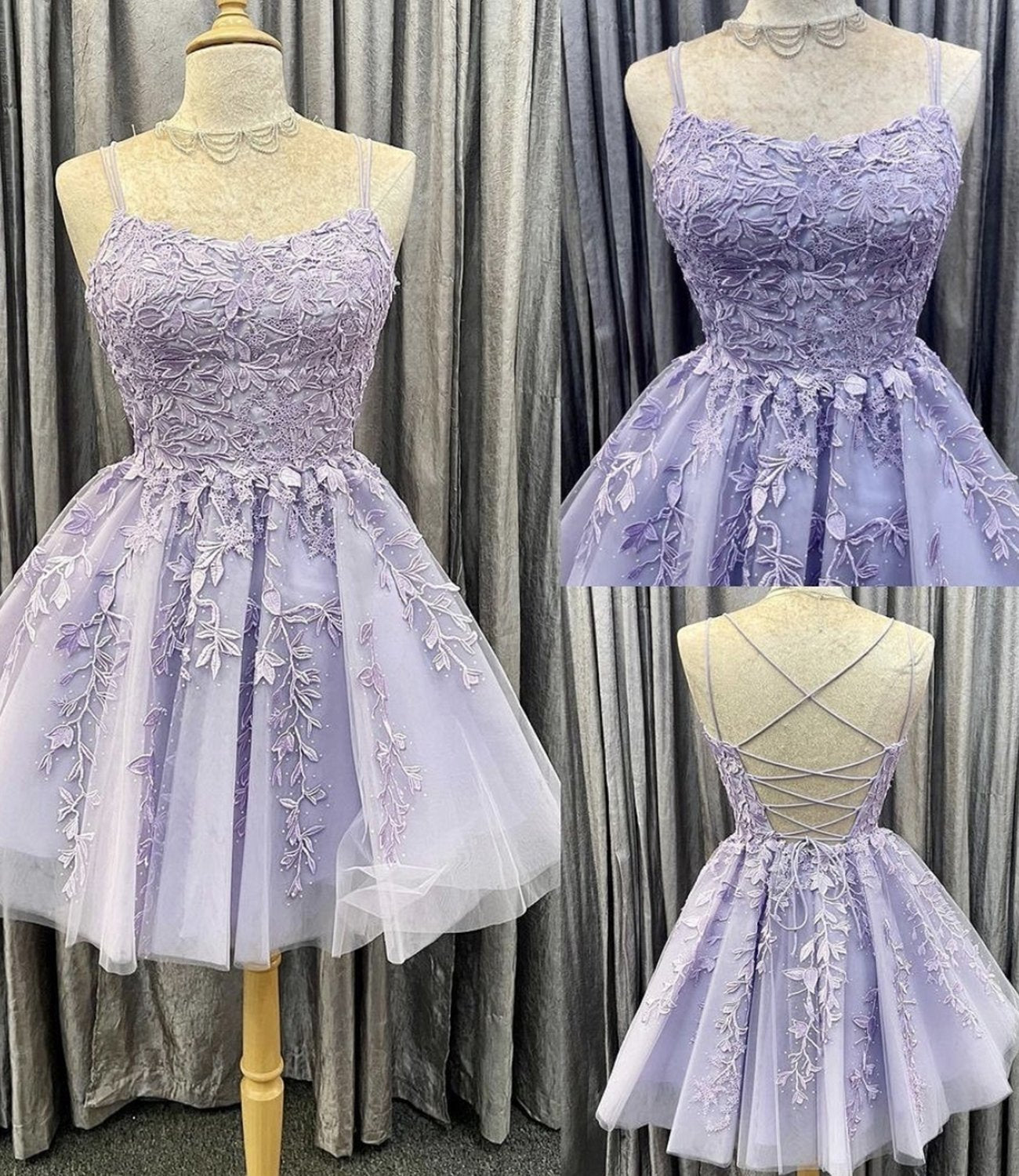 Purple tulle lace short A line homecoming dress evening dress,DS0894
