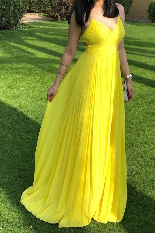 Yellow chiffon long A line prom dress evening dress,DS3866
