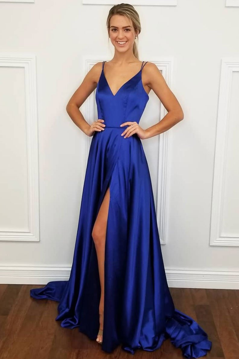Simple v neck blue satin long prom dress, blue evening dress,DS2409