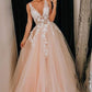 Pink v neck tulle lace long prom dress, pink formal dress,DS2423