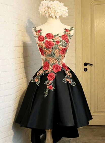 Lovely Black High Low Homecoming Dress with Floral Lace, Party Dress,DS1115