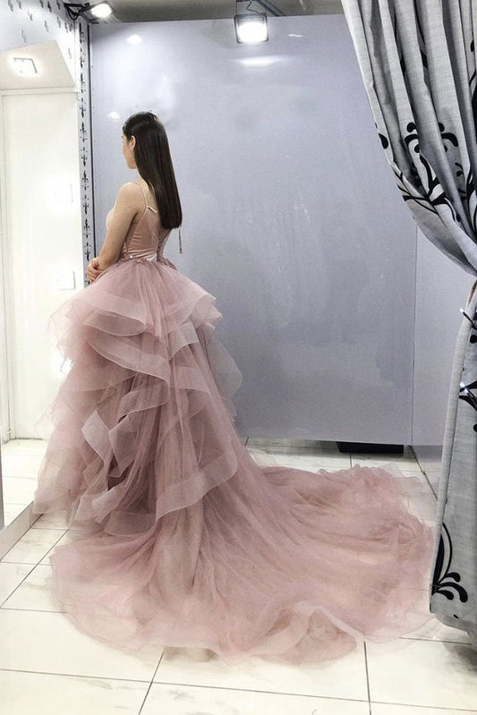 Pink v neck tulle long prom dress pink sweet 16 dress,DS2231