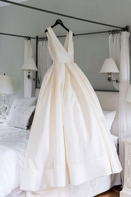 Simple white v neck long prom dress, bridesmaid dress,DS2481
