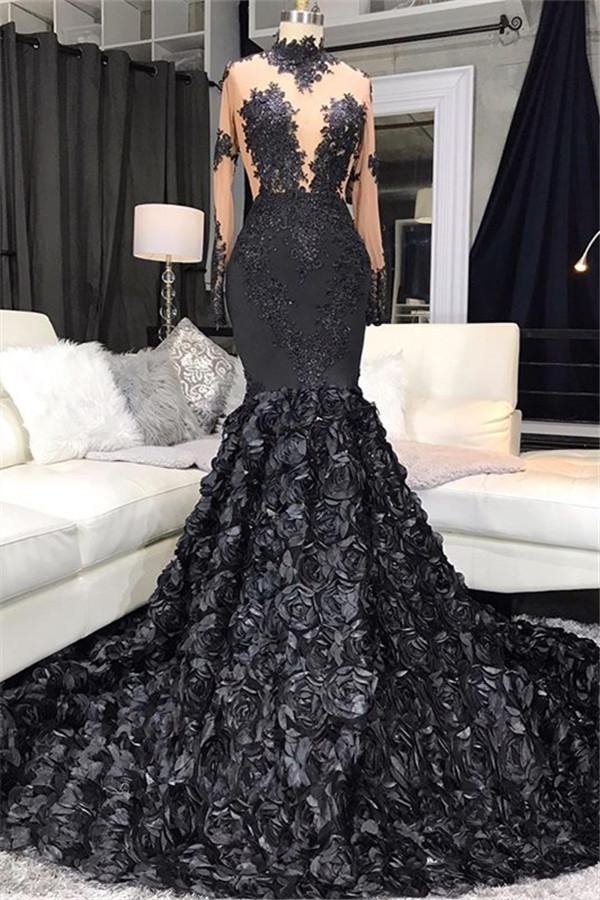 Modern Long Sleeves Black Mermaid Appliques Prom Dress With Flowers Bottom,F04769