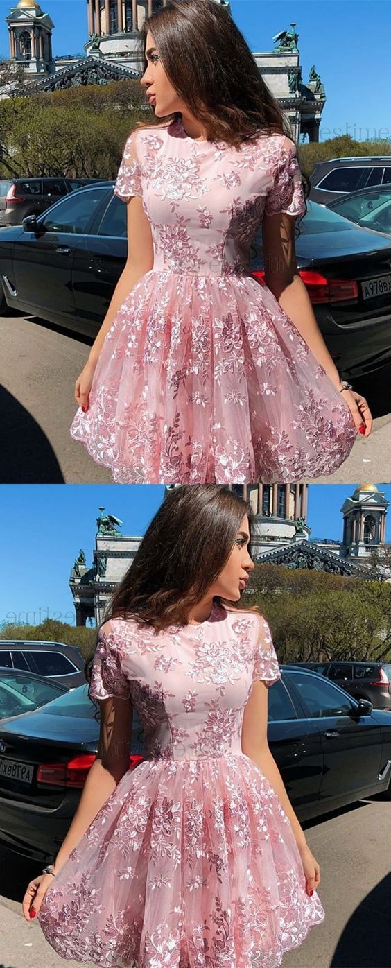 Pink tulle lace short prom dress pink homecoming dress,DS1189