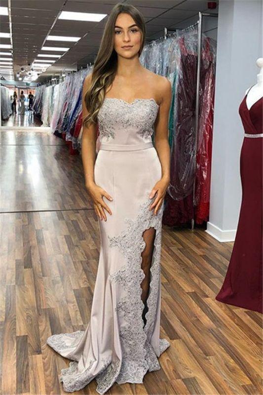 SATIN SILVER SIDE-SLIT STRAPLESS APPLIQUES MERMAID PROM DRESS,DS2971