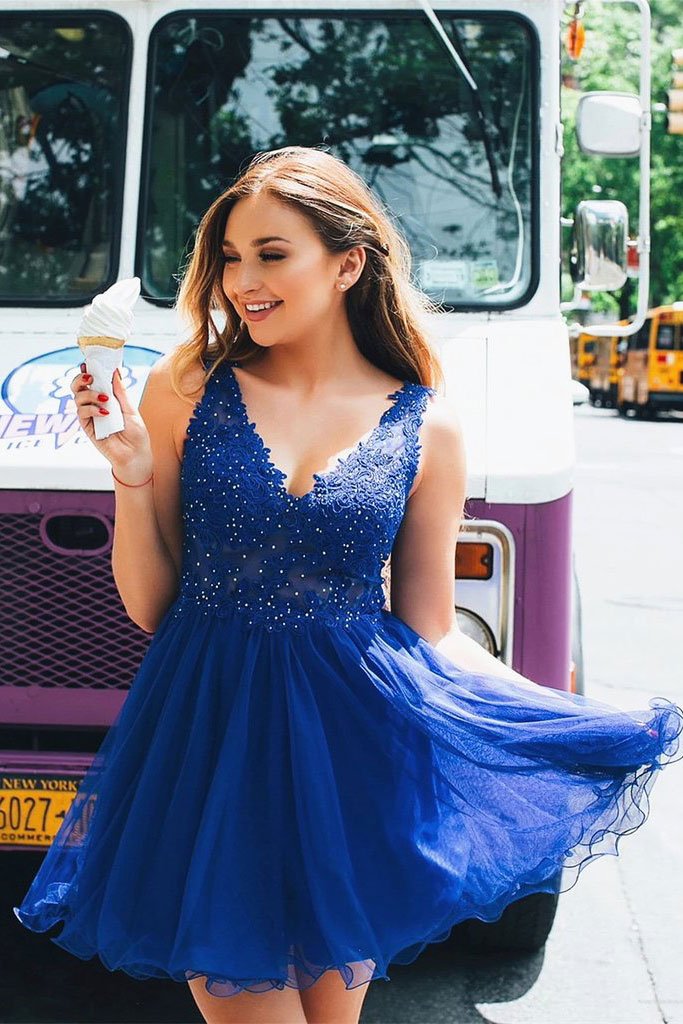 Blue v neck tulle lace short prom dress blue lace homecoming dress,DS1191