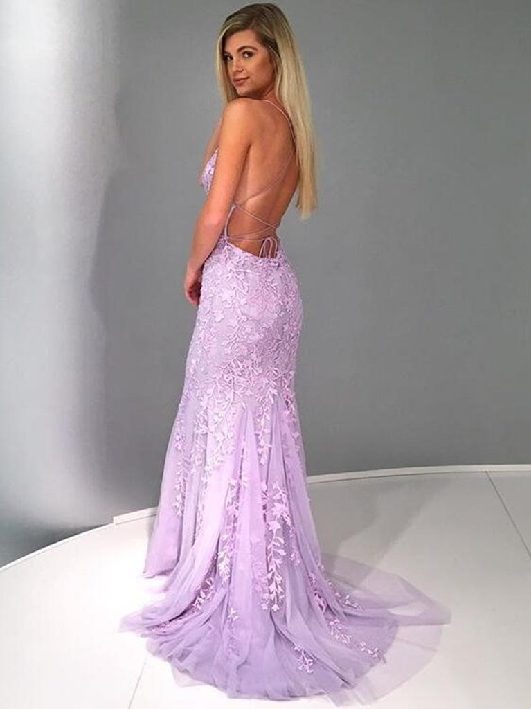 Purple Backless Lace Prom Dresses, Lilac Backless Lace Formal Graduation Evening Dresses,DS1813