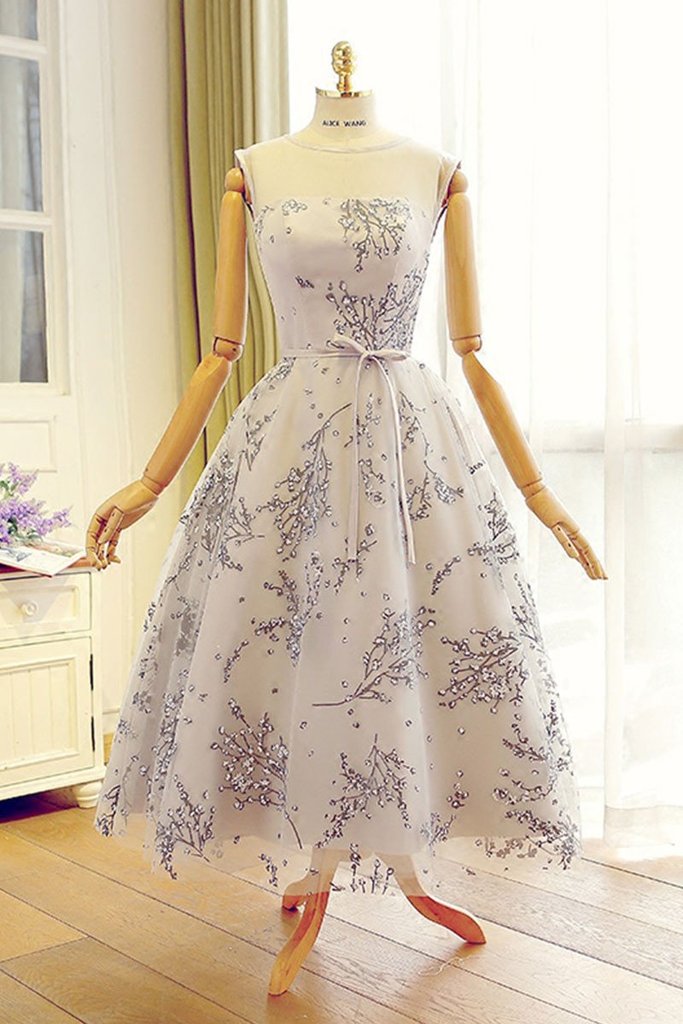 Cute Gray Tulle Tea Length Party Dress, Prom Dress, Bridesmaid Dresses ,DS1049