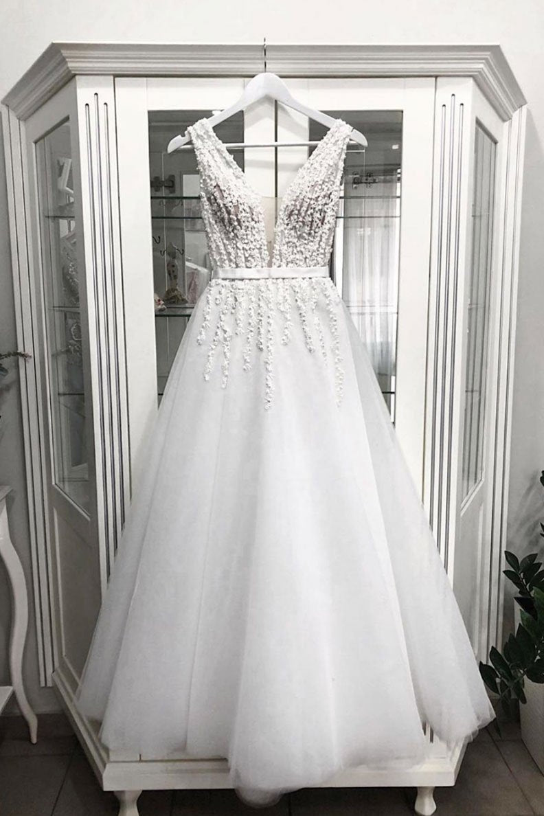 White v neck tulle tea Length prom dress, tulle evening dress,DS2431