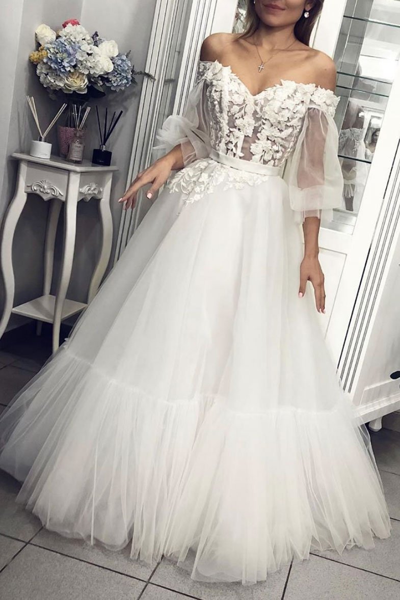 White tulle lace long prom dress, white tulle lace formal dress,DS2430