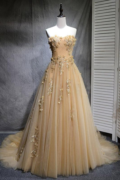 Champagne tulle lace long prom dress, tulle evening dress,DS2436