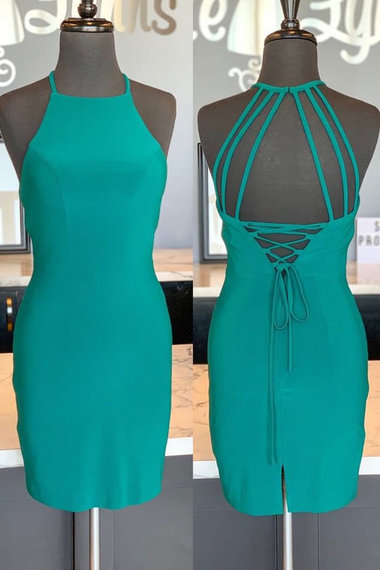 Halter Tight Green Homecoming Dress with Open Back ,DS0837