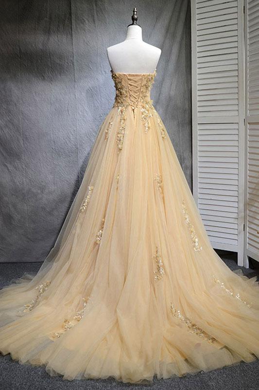 Champagne tulle lace long prom dress, tulle evening dress,DS2436