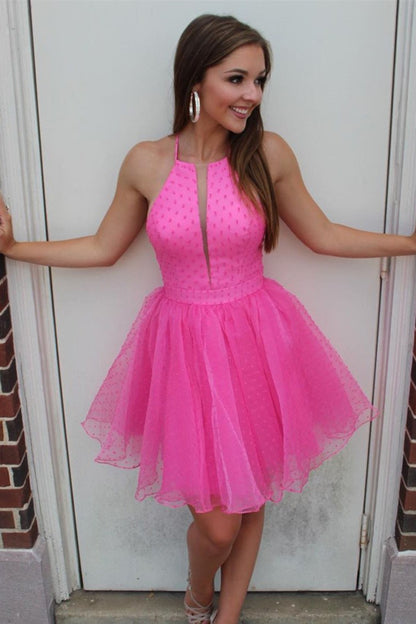 Cute Short Hot Pink Halter Homecoming Dress,DS0913