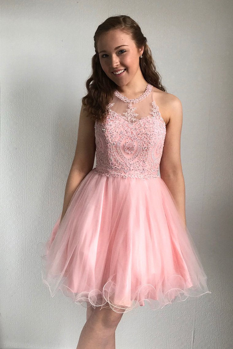 Cute Pink Crew Neck Beaded Short Homecoming Dress,DS0914