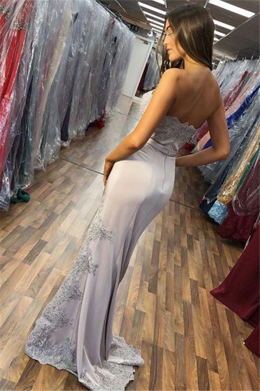 SATIN SILVER SIDE-SLIT STRAPLESS APPLIQUES MERMAID PROM DRESS,DS2971