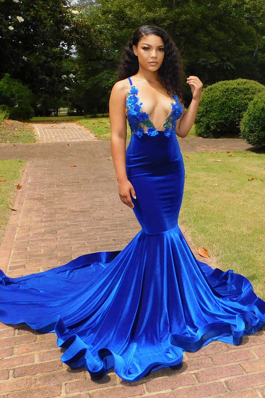 Charming Blue Spaghetti Straps V-neck Transparent lace Column Mermaid Prom Dresses,F04786