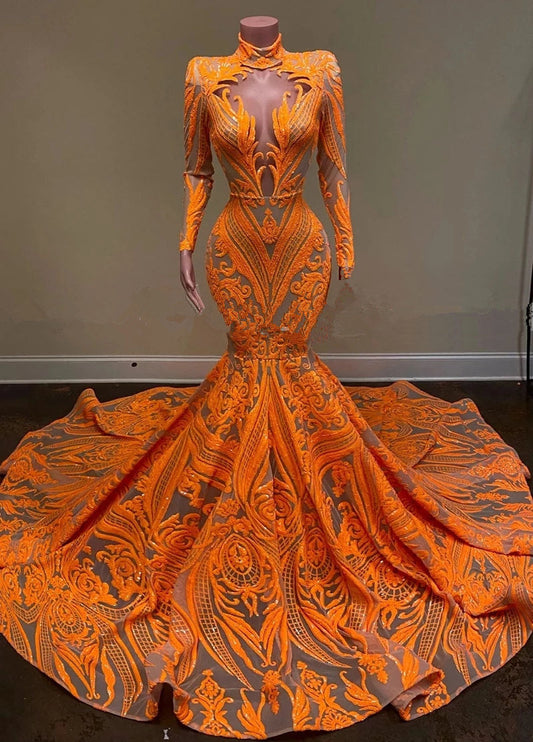 Fabulous Orange Halter Appliques Lace Long Sleeve Mermaid Prom Dresses,F04787
