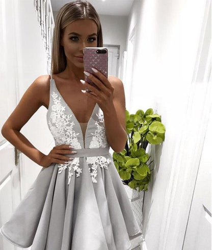 Cute gray lace short prom dress. homecoming dress,DS1293