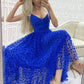 Blue v neck tulle tea length prom dress, blue tulle formal dress,DS1958