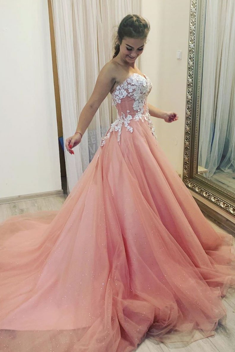 Pink sweetheart tulle lace long prom dress pink tulle lace formal dress,DS2371
