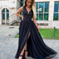 Black v neck chiffon lace long prom dress, black evening dress,DS1961