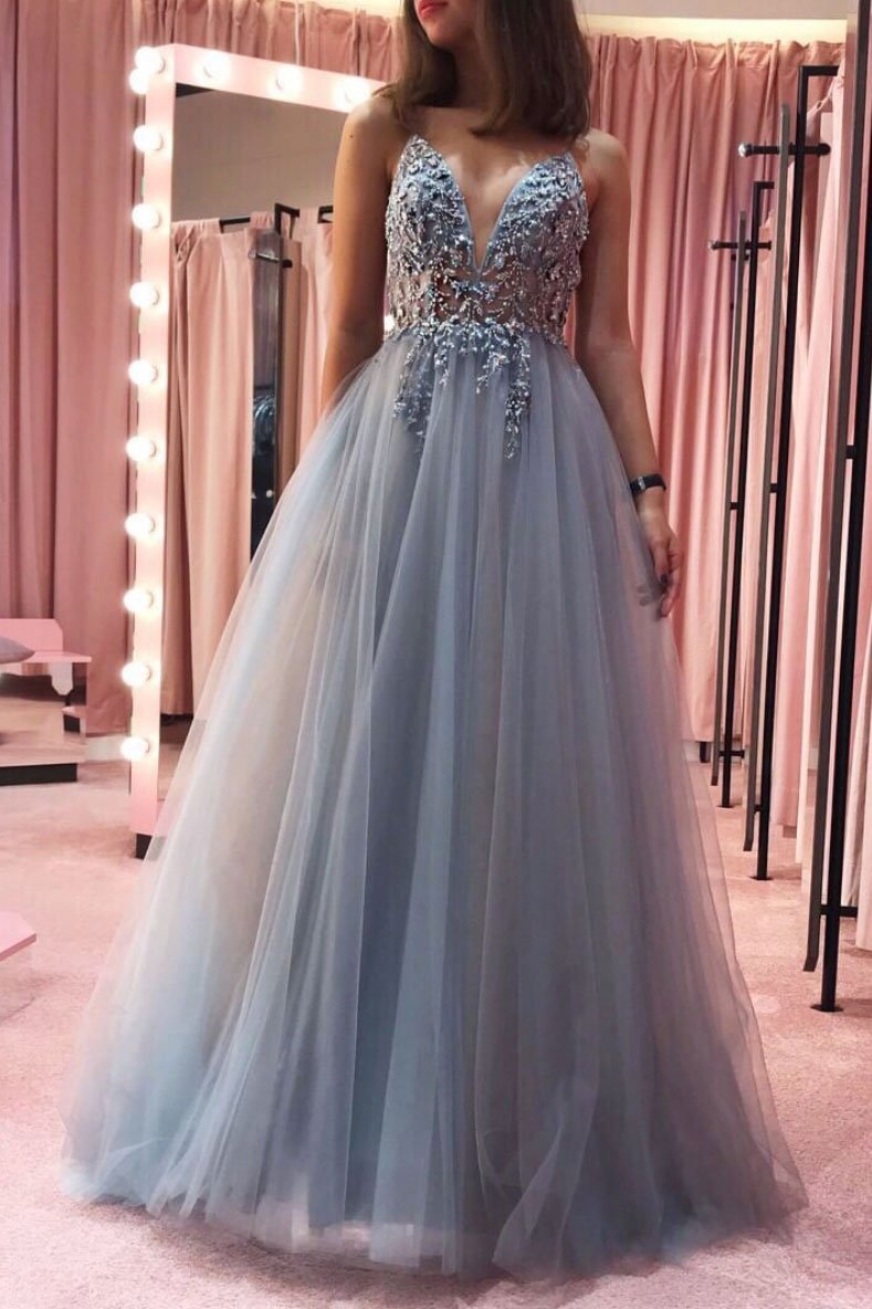 Gray v neck tulle lace long prom dress gray tulle formal dress,DS2375