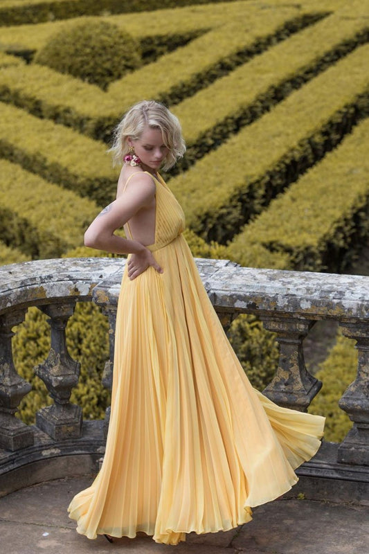 Yellow chiffon long prom dress, yellow evening dress,DS2472
