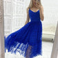 Blue v neck tulle tea length prom dress, blue tulle formal dress,DS1958