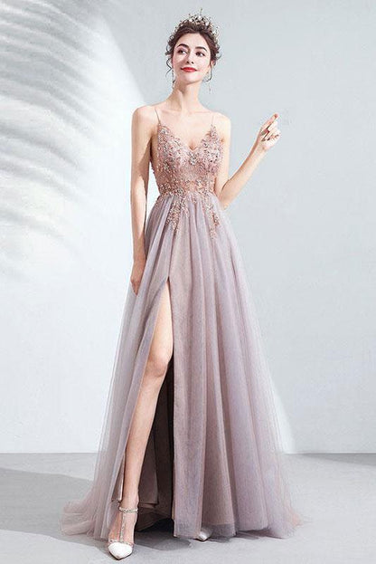 Elegant v neck tulle beads long prom dress tulle formal dress,DS2320