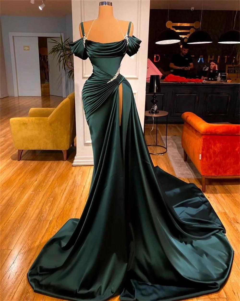 Sexy Dark Green Satin Mermaid Prom Dresses 2022 Spaghetti Straps Pleats Seep Train Formal Evening Occasion Pageant Gowns,DS4568