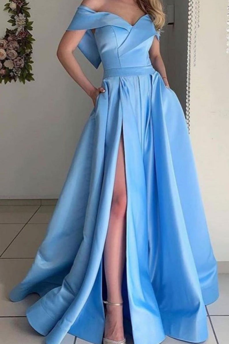 Simple off shoulder satin long blue prom dress, blue evening dress,DS2103