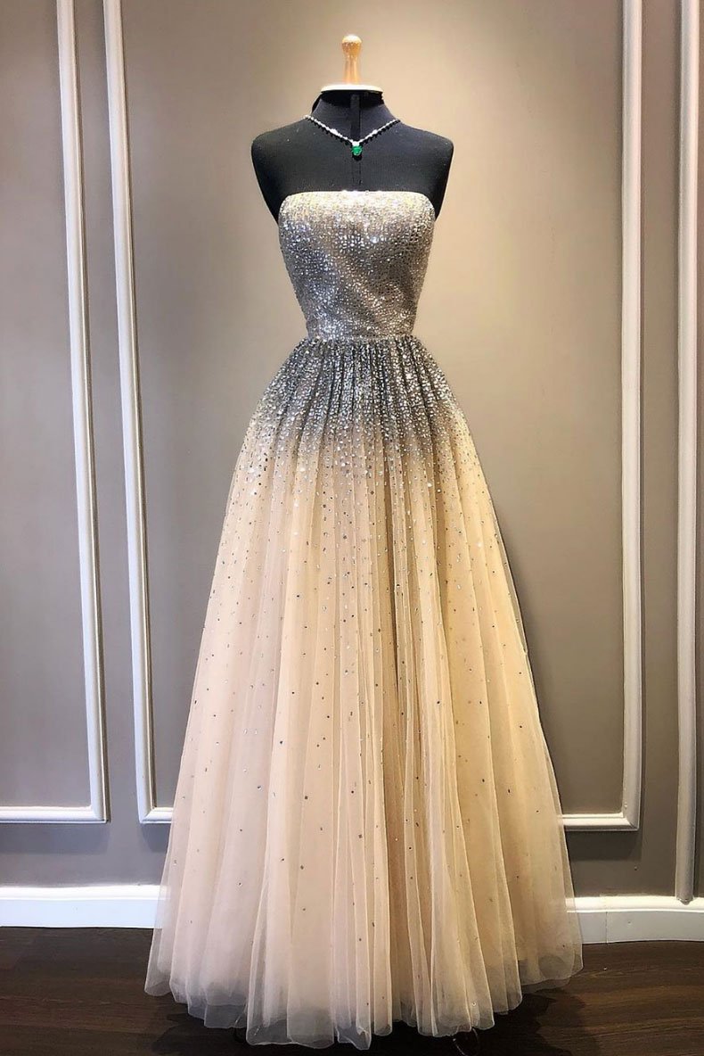 Champagne tulle sequin long prom dress, tulle formal dress,DS2414