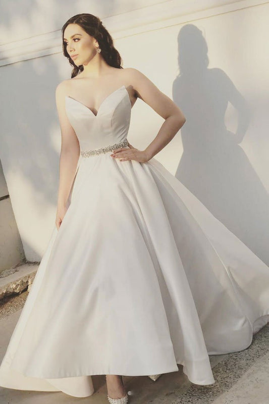 White sweetheart satin tea Length prom dress, bridesmaid dress,DS2404