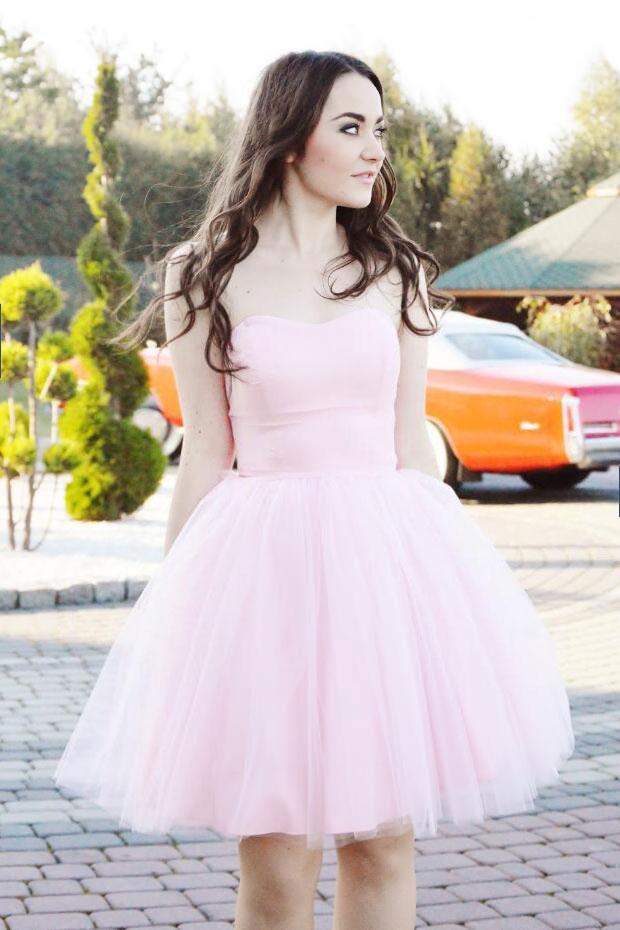 Simple sweetheart pink tulle short prom dress, pink tulle homecoming dress,DS2518