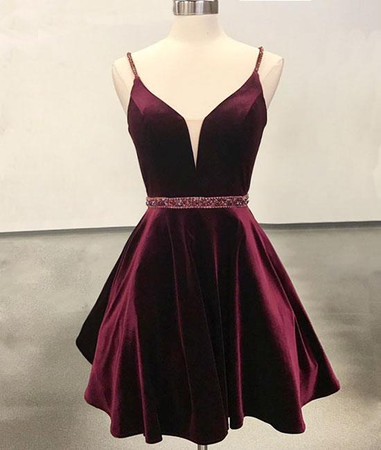 Simple v neck velvet short burgundy prom dress, burgundy homecoming dress,DS1297