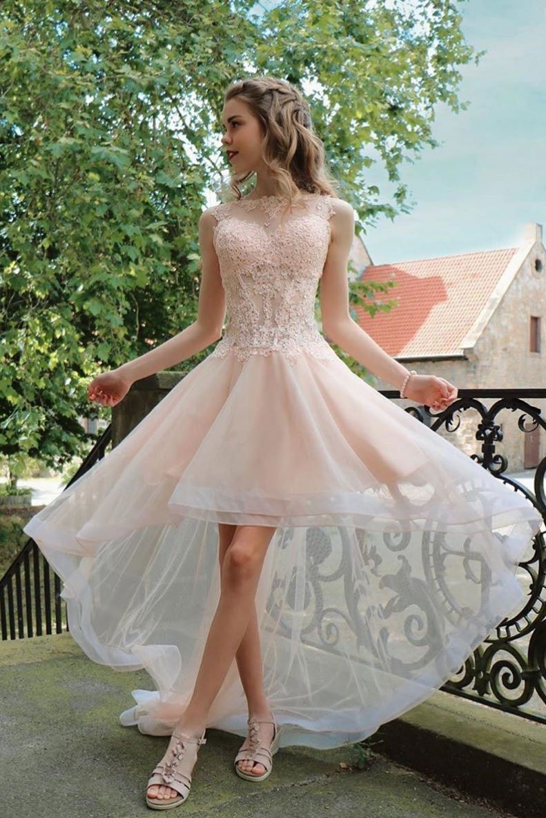 Light Pink tulle lace short prom dress, pink homecoming dress,DS2415
