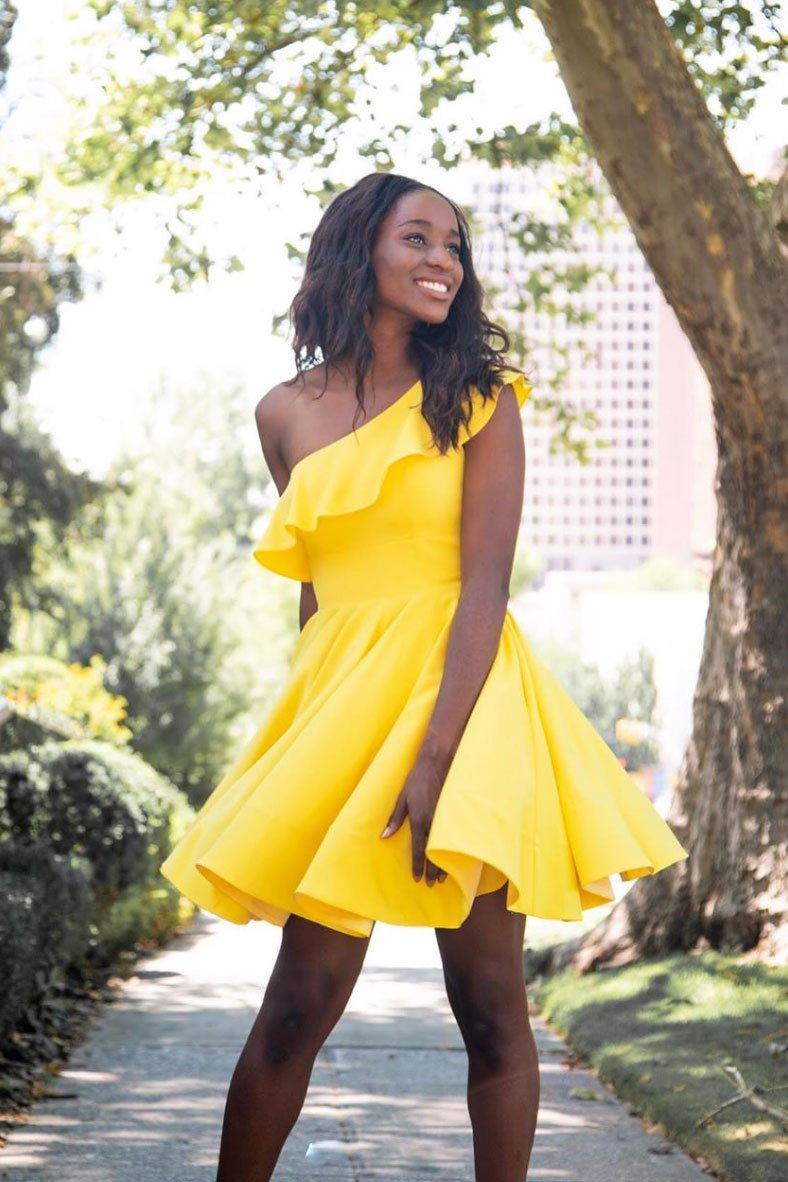 Simple yellow short prom dress, yellow homecoming dress,DS1216