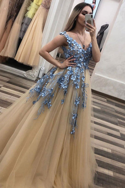 Champagne v neck tulle lace long prom dress champagne evening dress,DS2390