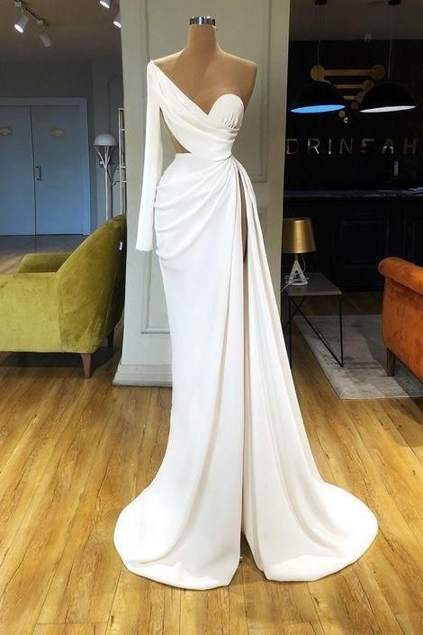 Beautiful Long Sleeves One Shoulder Prom Dress Mermaid Long With Split,DS4660