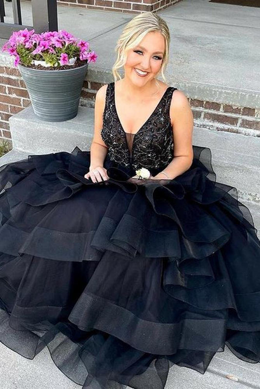 V-neck Ball Gown Long Prom Dresses with Beading,Formal Dress,Wedding Party Dresses,DS3335