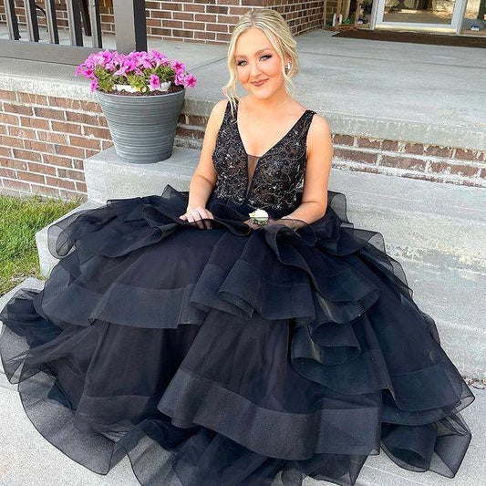V-neck Ball Gown Long Prom Dresses with Beading,Formal Dress,Wedding Party Dresses,DS3335