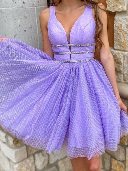 Short V Neck Purple Prom Dresses, Short V Neck Purple Graduation Homecoming Dresses ,DS0818