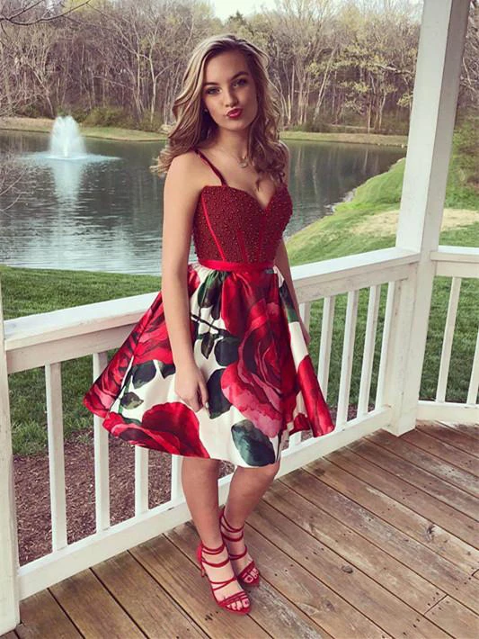 Floral Print Homecoming Dresses A Line Beading Burgundy Short Prom Dress Party Dress,DS1107