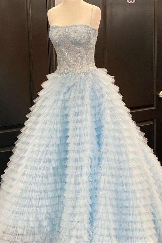 strapless light blue tiered long ball gown long prom dress .DS3035