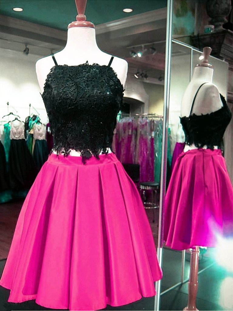 Custom made two piece pink and black short prom dress, Two piece lace homecoming dress,DS3835