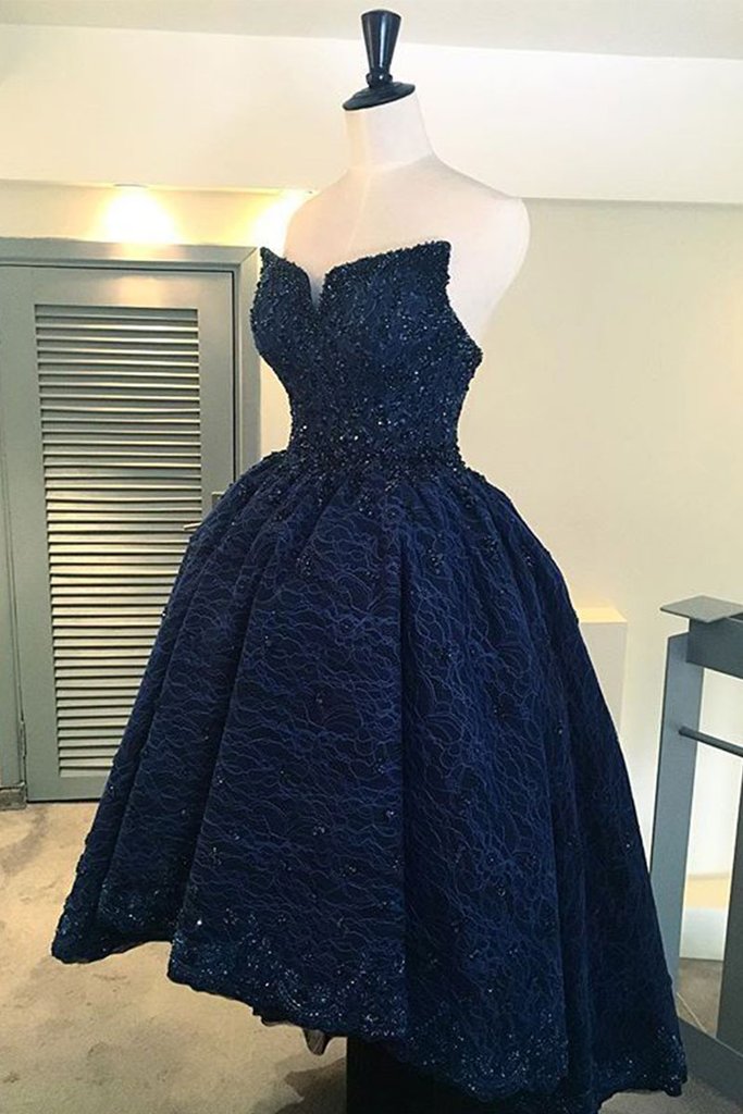 A line navy blue lace high low prom dress, homecoming dress,DS1020